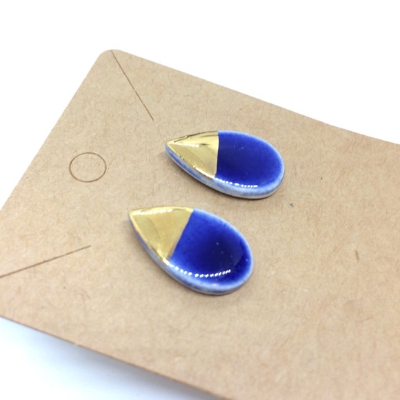 3/$30 PORCELAIN GOLD DIP BLUE GLAZE TEARDROP STUD EARRINGS STERLING SILVER PETAL - Picture 5 of 16